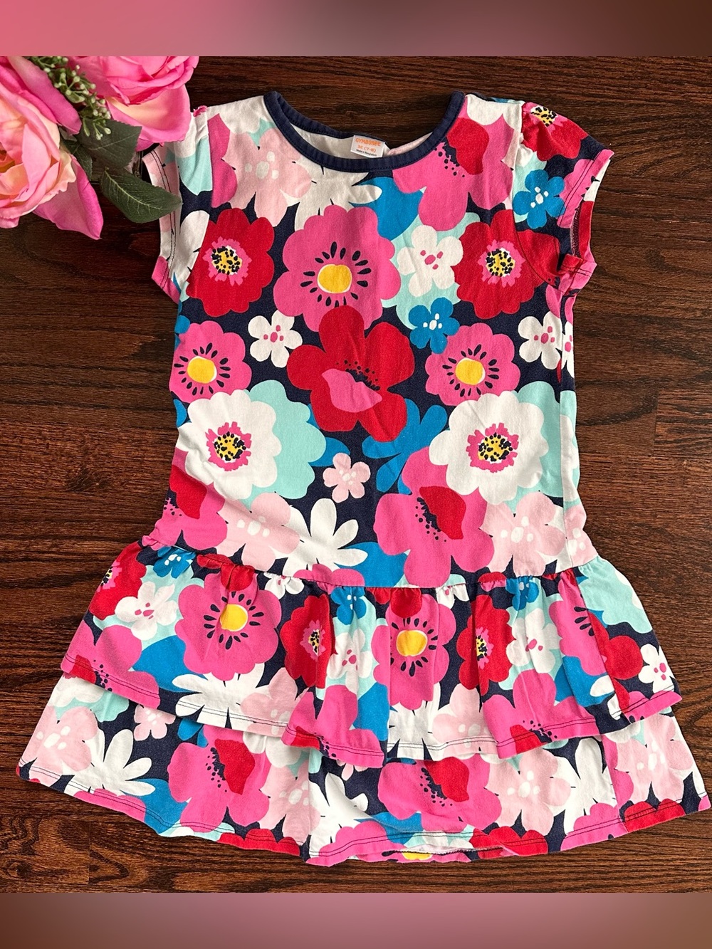 Gymboree floral dress with navy trim, size M/7-8